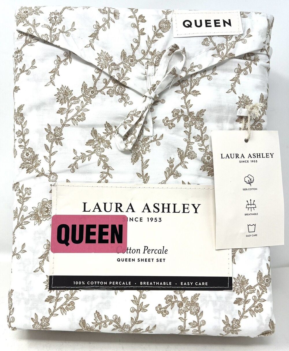 Laura Ashely Beige Tan White Floral Queen Sheet Set Cotton Percale NWT Victoria